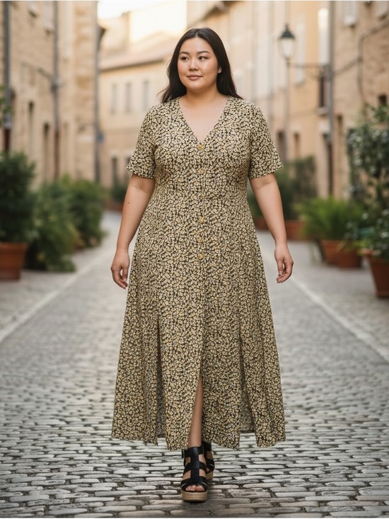 ASOS Curve Dresses & Skirts - ASOS Curve Yellow Daisy Floral Button-Front Stretch Knit Double Split Maxi Dress